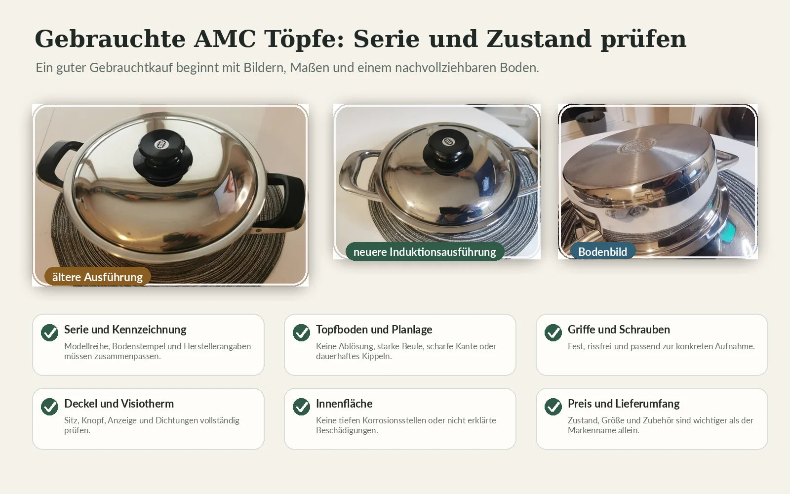 Alte und neuere AMC Töpfe mit Prüfpunkten für den Gebrauchtkauf