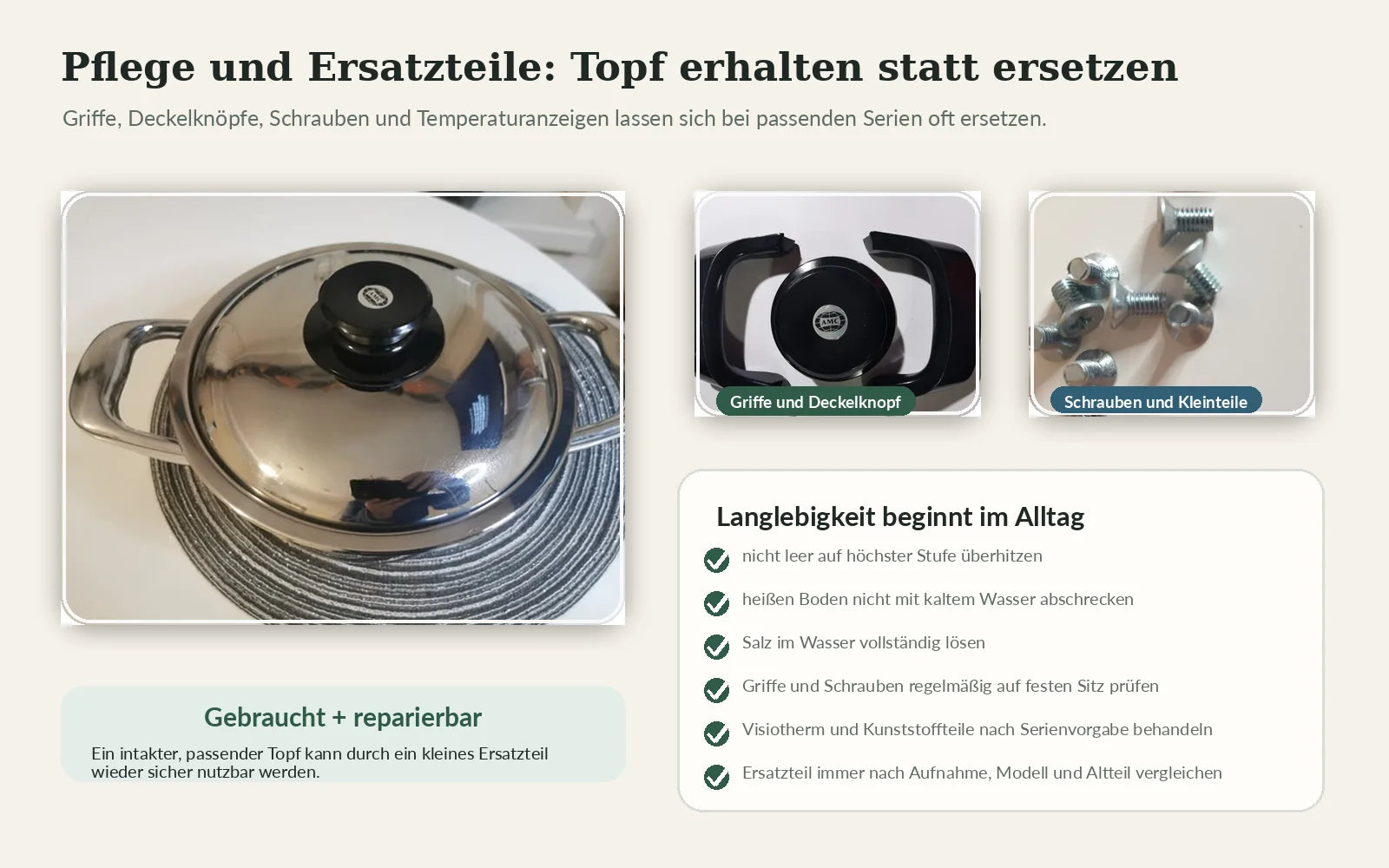 AMC Topf mit Griffen Deckelknopf Schrauben und Hinweisen zur Pflege und Ersatzteilauswahl