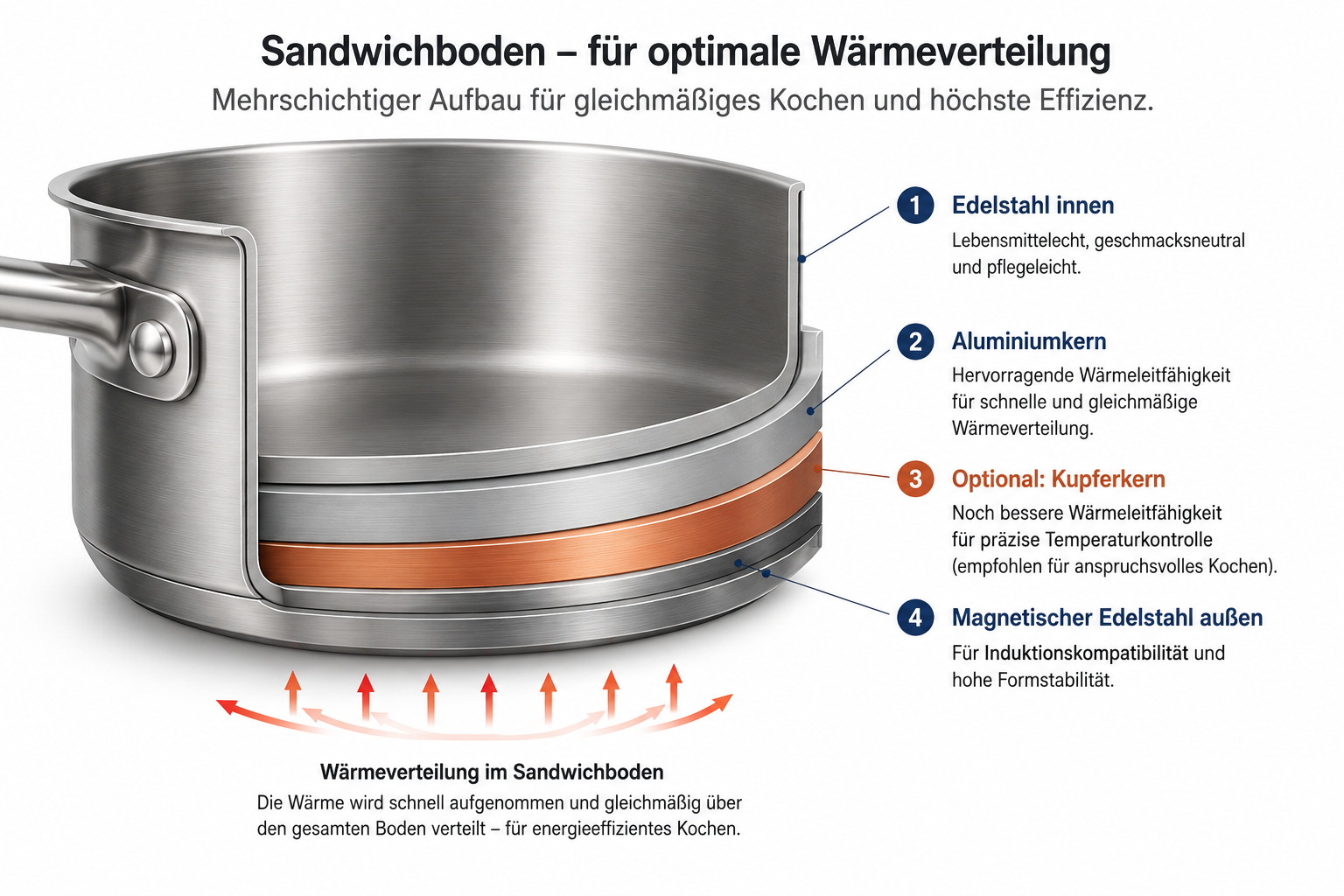 Mehrschichtiger Topfboden als Hinweis auf Wärmeverteilung und Induktionseignung